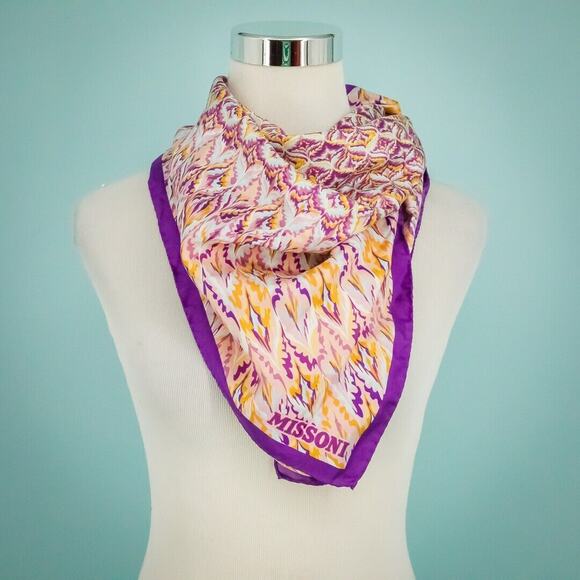 Missoni Accessories - Missoni Silk Signature Abstract Flamestitch Print Purple Yellow Square Scarf